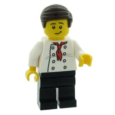 Minifigure Chef, Red Neckerchief, Black Legs, Dark Brown Hair del set 60214