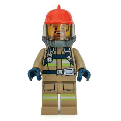 Minifigure Fireman, Dark Tan Fire Suit with Gauge and Straps, Red Helmet, Breathing Apparatus, Airtanks, Goatee Beard del set 60214