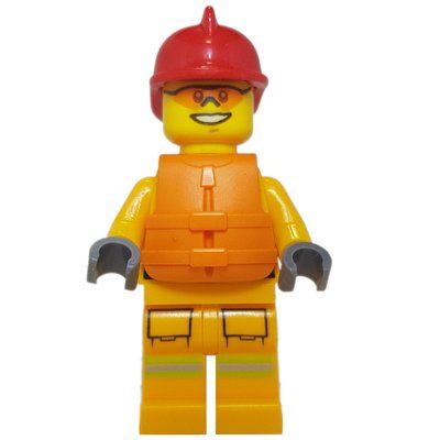 Figurine Fireman, Bright Light Orange Fire Suit, Red Helmet, Orange Life Vest, Orange Sunglasses du set 60215