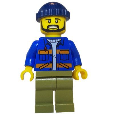 Minifigura Worker, Blue Shirt with Orange Stripes and Pockets, Olive Green Legs, Dark Blue Hat, Beard del set 60213