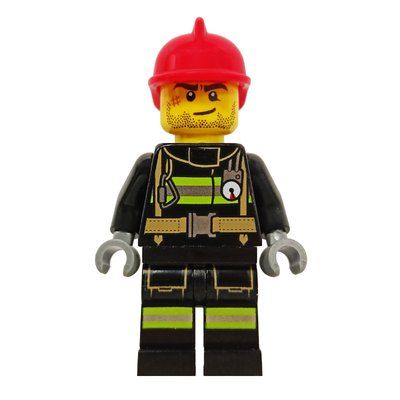 Figurine Fireman, Black Fire Suit with Gauge and Straps, Red Helmet, Stubble and Scar du set 60212