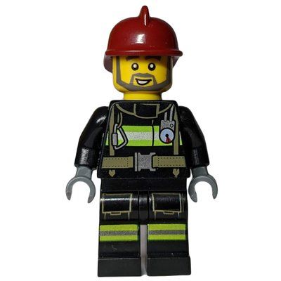Figurine Fireman, Black Fire Suit with Gauge and Straps, Dark Red Helmet, Beard du set 850618
