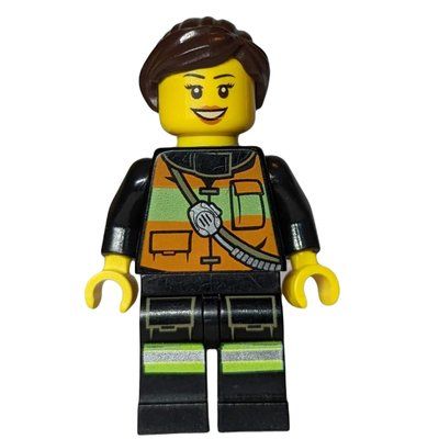 Figurine Firewoman, Orange Safety Vest with Radio, Dark Brown Hair du set 850618