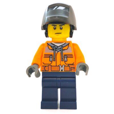 Minifigure Construction Worker, Orange Jacket with Zipper and Reflective Stripes, Dark Blue Legs, Welding Mask del set 60248