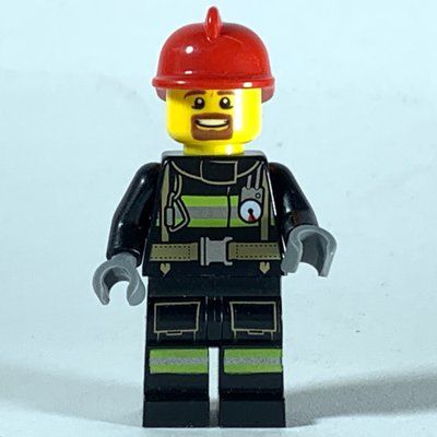 Figurine Fireman, Black Fire Suit with Gauge and Straps, Red Helmet, Goatee Beard du set 60217