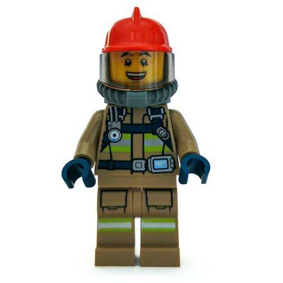 Figurine Fireman, Dark Tan Fire Suit with Gauge and Straps, Red Helmet, Breathing Apparatus, Airtanks, Open Mouth du set 60217