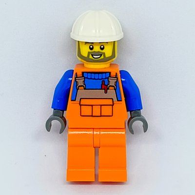 Figurine Construction Worker, Orange Overalls over Blue Sweater, White Hard Hat, Beard du set 60216