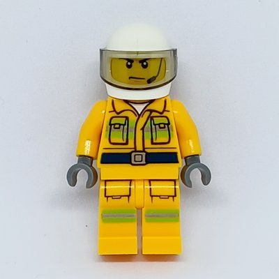 Figurine Fireman, Bright Light Orange Fire Suit, White Helmet with Visor, Headset du set 60216