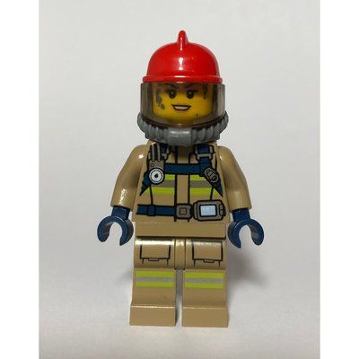 Figurine Firewoman, Dark Tan Fire Suit with Gauge and Straps, Red Helmet, Breathing Apparatus, Airtanks, Dirty du set 60216