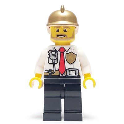 Figurine Fireman, White Shirt with Red Tie, Badge, and Radio on Pocket, Gold Helmet, Beard du set 60215