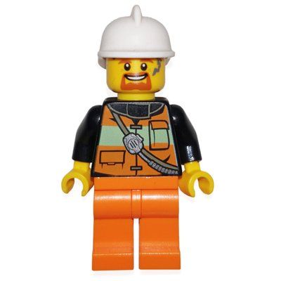 Figurine Fireman, Orange Safety Vest with Radio, White Helmet, Goatee Beard du set 10740