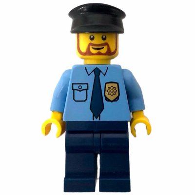Figurine Policeman, Medium Blue Shirt with Badge and Tie, Dark Blue Legs, Black Hat, Beard du set 4636