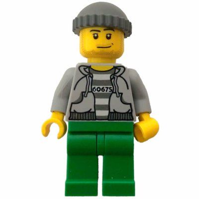 Figurine Criminal, Open Light Bluish Gray Hoodie over Prison Shirt with #60675, Dark Bluish Gray Hat, Stubble du set 4636