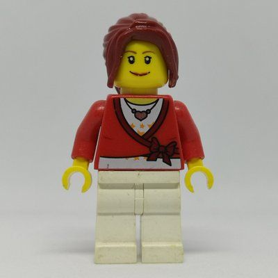 Minifigura Woman, Cardigan Tied with Bow and Necklace, White Legs, Dark Red Hair del set 9311