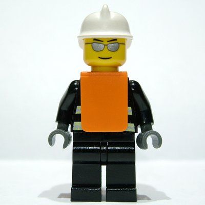 Minifigure Fireman, Black Fire Jacket with Reflective Stripes, Radio, and Badge, White Helmet, Orange Vest, Silver Sunglasses del set 7046
