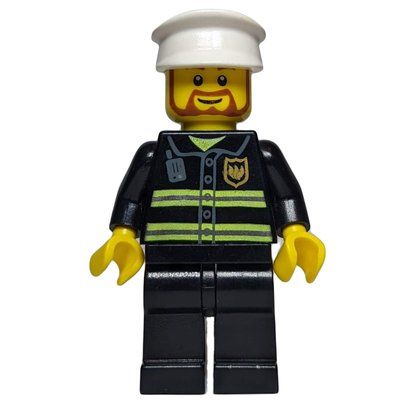 Minifigure Fireman, Black Fire Jacket with Reflective Stripes, Radio, and Badge, White Hat, Beard del set 7046
