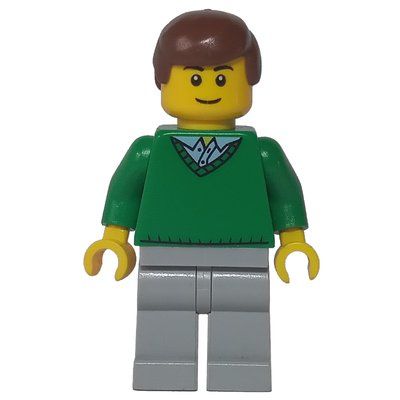 Minifigure Man, Green V-Neck Sweater, Light Bluish Gray Legs, Reddish Brown Hair del set 4429