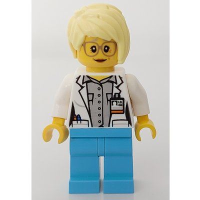 Minifigur Doctor Mink, Woman, Open White Jacket over Light Bluish Gray Shirt with Pockets and ID Badge, Bright Light Yellow Hair, Glasses aus Set 60204