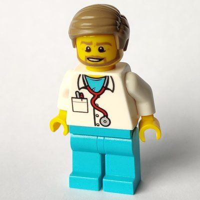Minifigur Doctor Tuck, White Shirt over Medium Azure Scrubs with Stethoscope and Pocket, Dark Tan Hair, Beard aus Set 60204