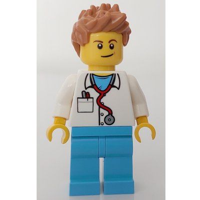 Minifigur Doctor Mack, White Shirt over Medium Azure Scrubs with Stethoscope and Pocket, Medium Nougat Hair aus Set 60204