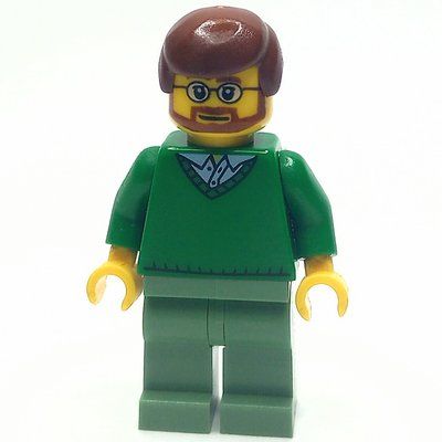 Minifigur Man, Green V-Neck Sweater, Sand Green Legs, Reddish Brown Hair, Beard and Glasses aus Set 60204