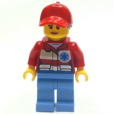Minifigur Paramedic, Woman, Red Jacket with Star of Life, Red Cap with Hair aus Set 60204