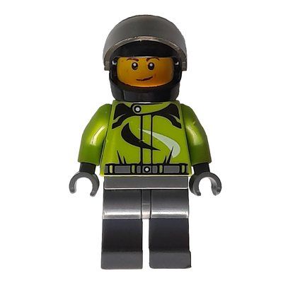 Figurine Racer, Lime Jacket, Dark Bluish Gray Legs, Black Helmet with Visor du set 60116