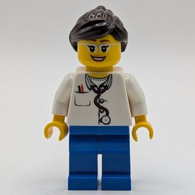 Minifiguur Doctor, Woman, White Shirt with Pocket and Stethoscope, Blue Legs, Dark Brown Hair, Glasses uit set 40161
