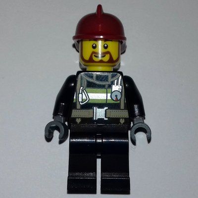 Minifiguur Fireman, Black Fire Suit with Gauge and Straps, Black Legs, Dark Red Helmet, Beard uit set 40161