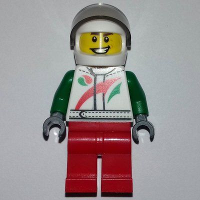 Minifiguur Racer, White and Green Jacket with Octan Logo, Red Legs, White Helmet with Trans-Brown  Visor uit set 40161