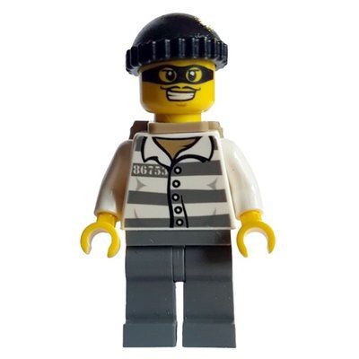 Figurine Criminal, Prison Shirt with #86753, Dark Bluish Gray Legs, Black Hat, Backpack, Black Eyemask du set 60086