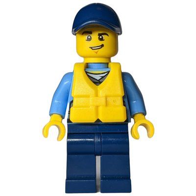 Figurine Policeman, Dark Bluish Gray Vest with Radio, Badge and Pouches over Medium Blue Shirt, Dark Blue Cap, Yellow Life Vest du set 60086
