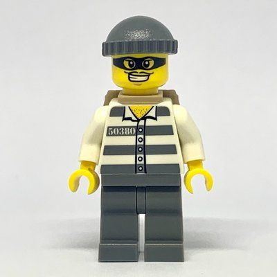 Figurine Criminal, Prison Shirt with #50380, Dark Bluish Gray Legs, Dark Bluish Gray Hat, Backpack, Black Eyemask du set 60023