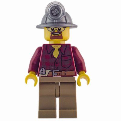Minifiguur Miner, Dark Red Flannel Shirt, Dark Tan Legs, Mining Hat, Goatee Beard and Goggles uit set 4203