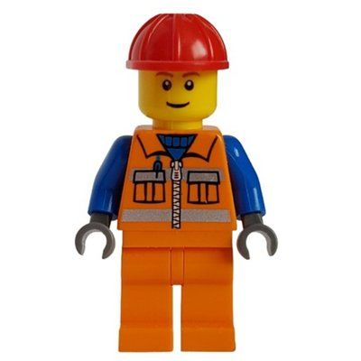 Figurine Construction Worker, Orange Safety Vest with Zipper and Pockets, Orange Legs, Red Hard Hat du set 7243
