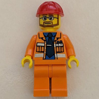 Figurine Construction Worker, Open Orange Jacket over Blue Shirt with Tie, Red Hard Hat, Beard and Glasses du set 7243