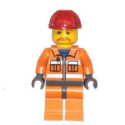 Figurine Construction Worker, Orange Jacket with Zipper and Reflective Stripes, Orange Legs, Red Hard Hat, Moustache du set 7746