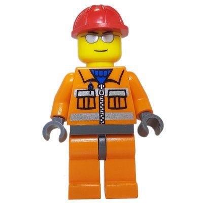 Minifigure Construction Worker, Orange Jacket with Zipper and Reflective Stripes, Orange Legs, Red Hard Hat, Silver Sunglasses del set 7632
