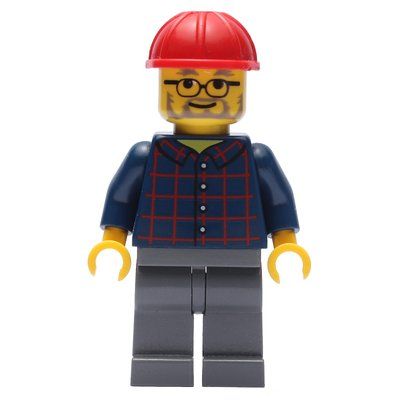 Minifigure Man, Dark Blue Plaid Shirt, Dark Bluish Gray Legs, Red Hard Hat, Beard and Glasses del set 7632