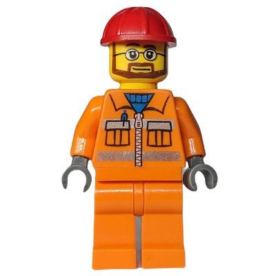 Figurine Construction Worker, Orange Jacket with Zipper and Reflective Stripes, Orange Legs, Red Hard Hat, Beard and Glasses du set 7905