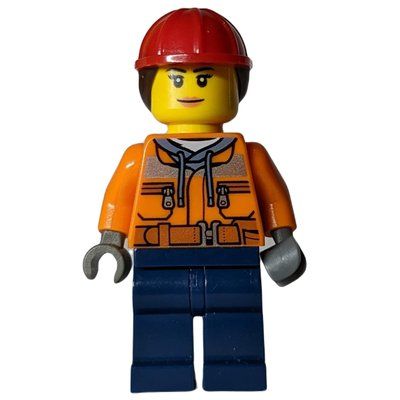 Figurine Construction Worker, Woman, Safety Jacket over Hoodie with Belt, Dark Blue Legs, Red Hard Hat with Hair du set 60152