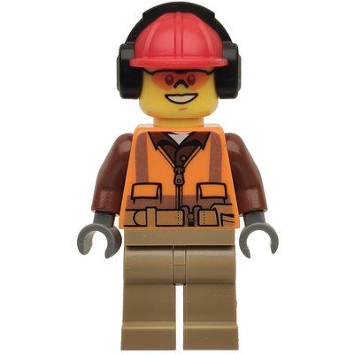 Figurine Construction Worker Rob, Orange Safety Vest with Zipper over Reddish Brown Shirt, Dark Tan Legs, Red Hard Hat with Ear Defenders, Orange Safety Glasses du set 60152