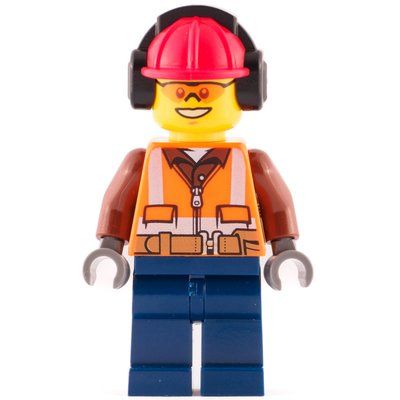 Figurine Construction Worker, Orange Safety Vest with Zipper over Reddish Brown Shirt, Dark Blue Legs, Red Hard Hat with Ear Defenders, Orange Safety Glasses du set 60076