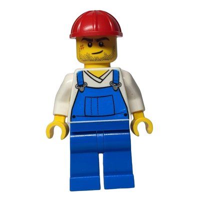 Figurine Man, Blue Overalls over White V-Neck Shirt, Red Hard Hat, Stubble and Scar (3626c Head) du set 60076