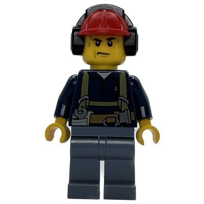 Figurine Construction Worker, Dark Blue Shirt with Harness, Red Hard Hat with Ear Defenders, Sweat Drops du set 60074