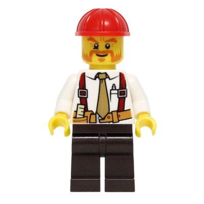 Figurine Construction Worker, White Shirt with Tie and Suspenders, Red Hard Hat, Mutton Chops and Moustache du set 60072