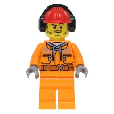 Minifigure Construction Worker, Safety Jacket over Hoodie with Belt, Orange Legs, Red Hard Hat with Ear Defenders, Stubble del set 60073