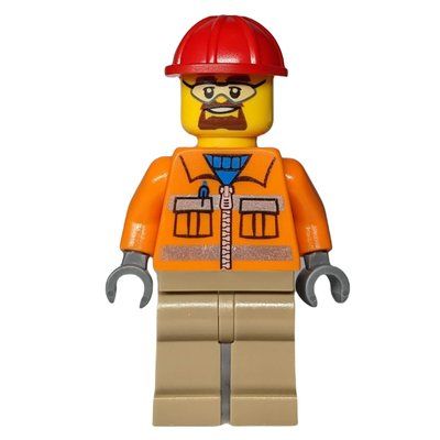 Figurine Construction Worker, Orange Jacket with Zipper and Reflective Stripes, Dark Tan Legs, Red Hard Hat, Goatee Beard and Safety Glasses du set 60018