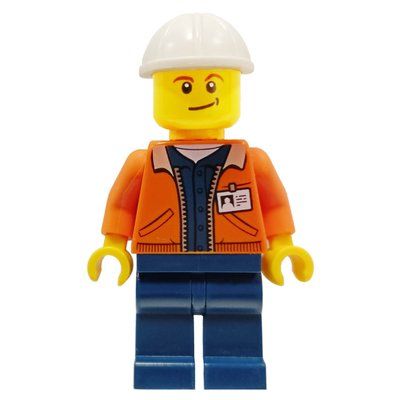 Figurine Miner, Open Orange Jacket with ID Badge, White Hard Hat du set 60186