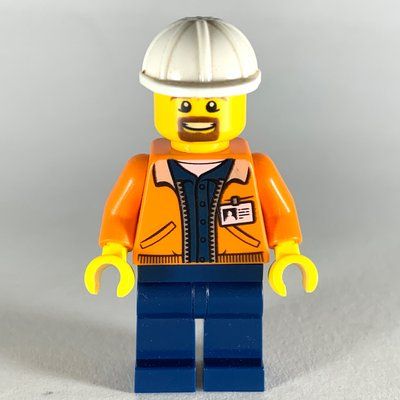 Figurine Miner, Open Orange Jacket with ID Badge, White Hard Hat, Goatee Beard du set 60184